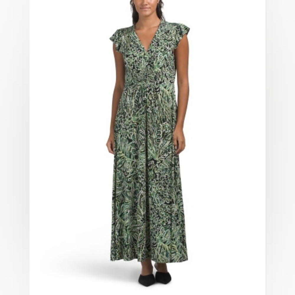 NWT-London Times Black/Green Flutter Sleeve Smocked Bodice Stretch Maxi Dress-14